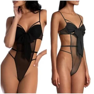 In Bloom by Jonquil Heidi Lace Sexy Strappy Sheer Open Bow Teddy Lingerie Size M - Picture 1 of 7