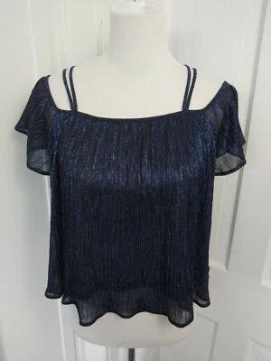 Lush Top Woman’s Size Small Navy Blue Crop Top Ruffle Shoulder Shimmer Sparkle Foto 1 de 4