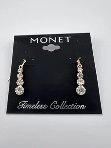 Monet Gold / Rose Gold Tone Clear Stone Dangle Earrings.  - Picture 1 of 7