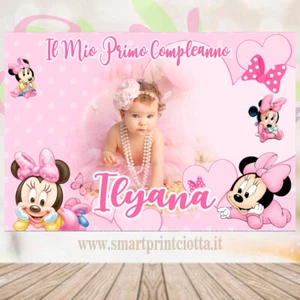 Striscione Banner COMPLEANNO Minnie Topolina Baby foto nome Feste - Foto 1 di 1