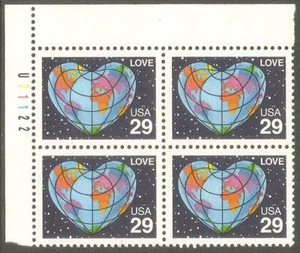 US USA Sc# 2535 MNH FVF PLATE # BLOCK Earth Heart Planet Space Love Perf 12.5x13 - Picture 1 of 1