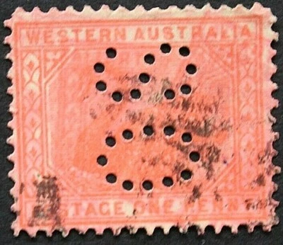 Western Australia  1909 1d Pink Punctured OS Used  Stamp  - Image 1 of 2