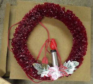 Vintage Red Cellophane Christmas Wreath with Electric Candle in Middle