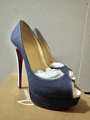CHRISTIAN LOUBOUTIN LADY PEEP HEELS 150 DENIM JAZZ CALF BLB8 BLUEWHITE 38.5 - Image 1 of 4