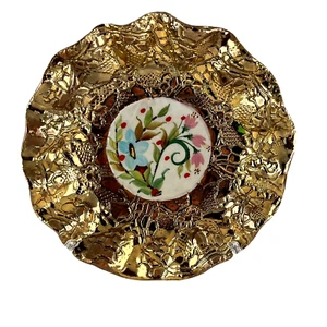 Piatto caramelle vintage piangente luminoso argilla arruffata dipinto a mano floreale firmato - Foto 1 di 11