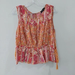 Rachel Zoe Blouse Large sleeveless pink mustard yellow floral key hole back - Picture 1 of 9