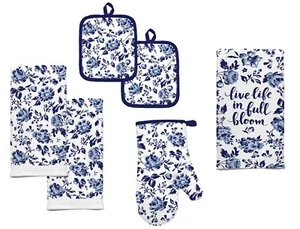 Blue Floral Kitchen Linen 6pc Set 3 Towels 2 Potholders Oven Mitt FREE SHIPPING - Picture 1 of 10