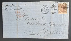 1868 Victoria Australia 10d Dl Pple/Pnk Laureate stamp on Lttr Melbourne-London - Picture 1 of 4