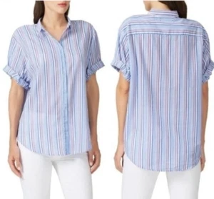 Xirena Channing Shirt Size S Blue Red Striped Oversized Cotton Button Up Summer - Picture 1 of 9