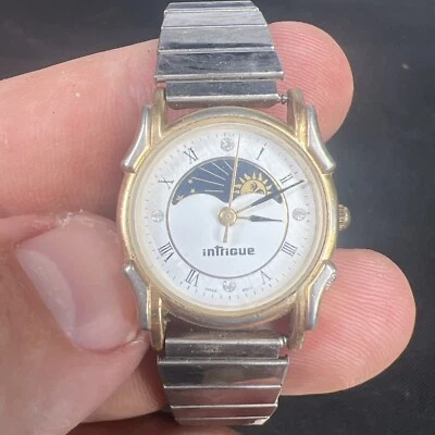 VINTAGE Intrigue GOLD PLATED MOON PHASE LADIES QUARTZ WATCH (untested) - Image 1 of 4