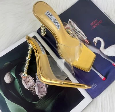 Cape Robbin Metro Gold Patent Leather Clear Vamp Slip On Heel Sandals Mules  6.5 - Image 1 of 4