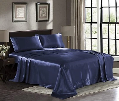 Midnight BlueFull Size Satin Silky Sheet Set With Pillowcase Microfiber Deep Poc - Image 1 of 4