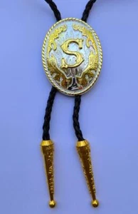 INITIAL LETTER " S " SILVER AND GOLD SHINY RODEO COWBOY BOLOTIE WESTERN BOLO TIE - Picture 1 of 3