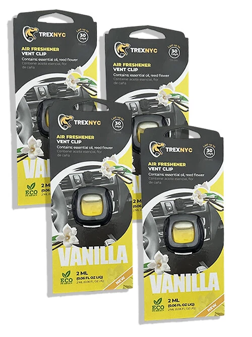 TrexNYC Clips de ventilación frescos de aire para automóvil, eliminador de olores para automóvil, vainilla, 0,07 oz líquidas, paquete de 4 Foto 1 de 1