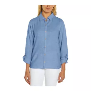 Orvis Linen Blend Shirt Top Ladies Large Blue Button Down Long Sleeve Roll Tab - Picture 1 of 6