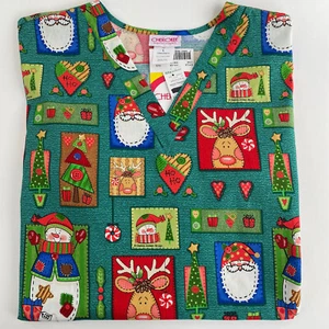 NWT Cherokee Scrub Top Shirt Uniform Size L Large Christmas Santa Reindeer Women - Picture 1 of 4