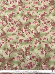 Beth Ann Bruske for David Textiles Mauve Pink Floral on Green Print Fabric 1 yd - Picture 1 of 1
