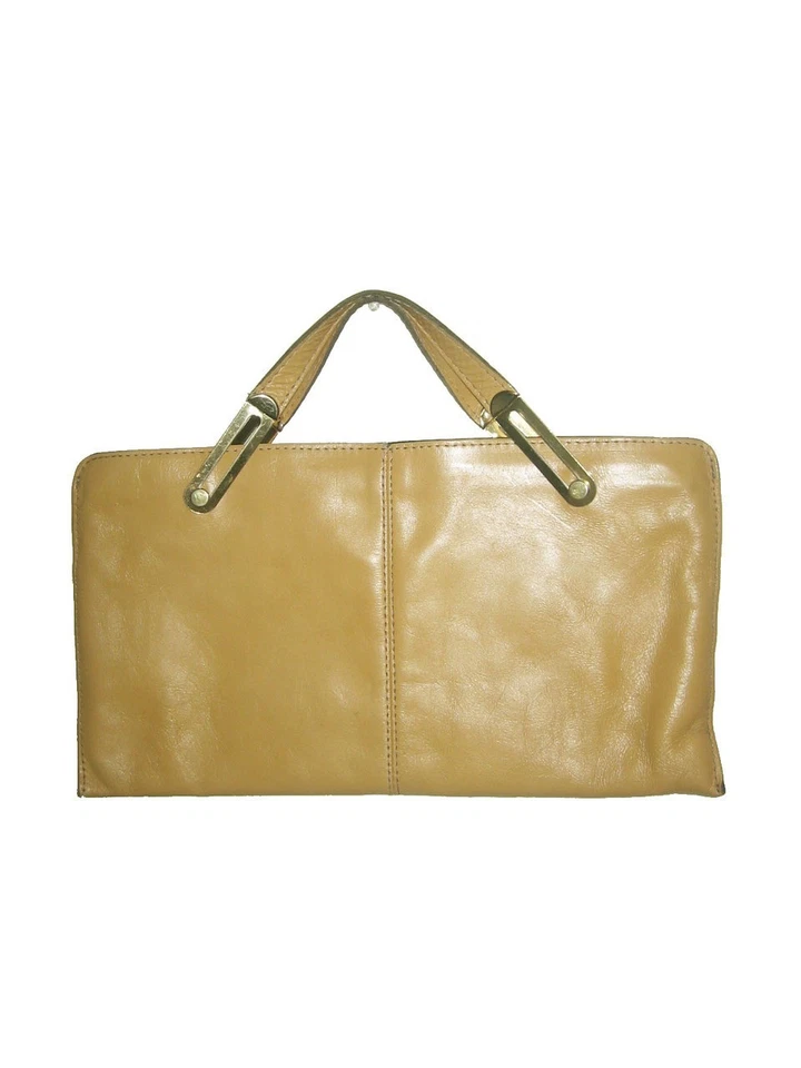 Bolso de mano grande de cuero con asa dorada beige raro de colección con cremallera Foto 1 de 4