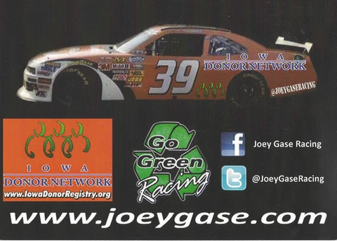 2012 JOEY GASE  "IOWA DONOR NETWORK" #39 NASCAR NATIONWIDE IOWA B/B POSTCARD Cover