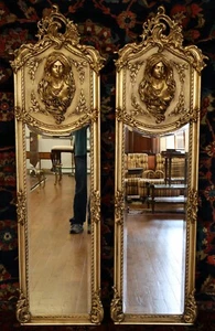 Pair of Gold French Rococo Louis XVI Style Figural Tall Narrow Beveled Mirrors - Picture 1 of 13