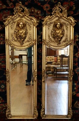 Pair of Gold French Rococo Louis XVI Style Figural Tall Narrow Beveled Mirrors - Imagem 1 de 4