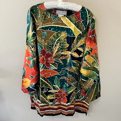 Vintage Diane Gilman 100% Silk Shirt Womens Medium Blouse Top Tropical Resort - Image 1 of 4