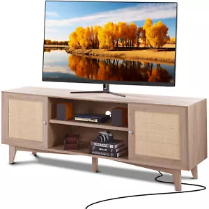 VEVOR TV Cabinet Stand Storage Rattan Wood 167cm for 75" TV with Socket Oak - Picture 1 of 12