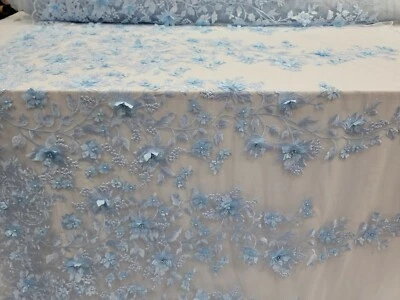 Sky Blue Lace 3D Floral Flowers  Embroidery Fabric By The Yard Dress Quinceañera - Image 1 of 4