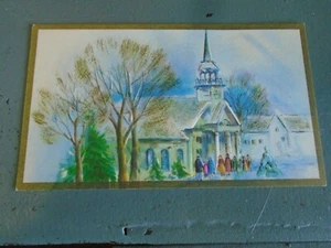 Vintage Weihnachtskarte Kirche Menschen draußen geprägte Bäume Winter Landschaft Schnee - Bild 1 von 6