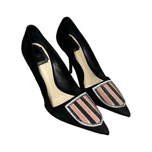 Christian Dior Black Suede Heels Leather Stiletto Point Toe Size 38 1/2 - Picture 1 of 10