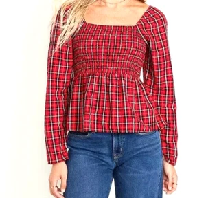 Old Navy Red Tartan Plaid Smocked Peplum Top Womans 2X Square Neck Peek A Boo - Picture 1 of 13