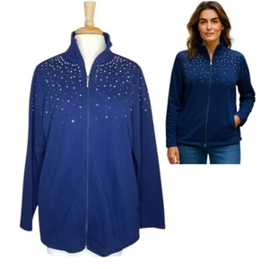 Quacker Factory Navy Jacket Womens L "Simulated Pearls Just Wanna Have Fun" - Picture 1 of 10
