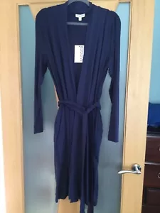 Jaeger Sz 14 Dressing Gown Navy Tie Wrap Knee Length Lightweight Bnwt - Picture 1 of 4
