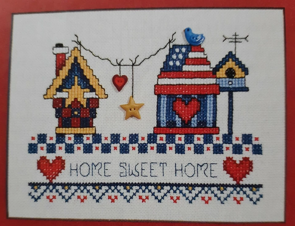 Cross Stitch "HOME SWEET PATRIOTIC HOME" pattern ~ birdhouses, hearts - Image 1 of 1
