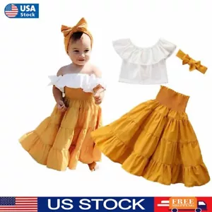 Toddler Kids Girls Clothes Ruffle Off Shoulder Crop Top Pleated Skirt Outfit Set - Picture 1 of 16