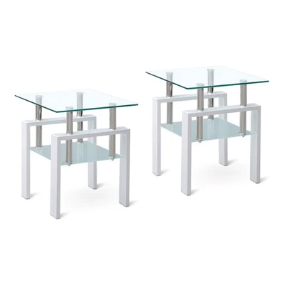 Tempered Clear Glass Side Table Double-Tiered with Storage Function - Image 1 of 4