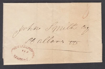 US 1832 Stampless SFL, 31 x 22mm red brown BURLINGTON, VT oval, 6 rating, clean - Image 1 of 3