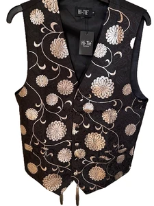 Hi-Tie Silk Vest Floral NWT Waistcoat Black Gold Sz S Formal Wedding Event - Picture 1 of 10