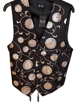 Hi-Tie Silk Vest Floral NWT Waistcoat Black Gold Sz S Formal Wedding Event - Image 1 of 4