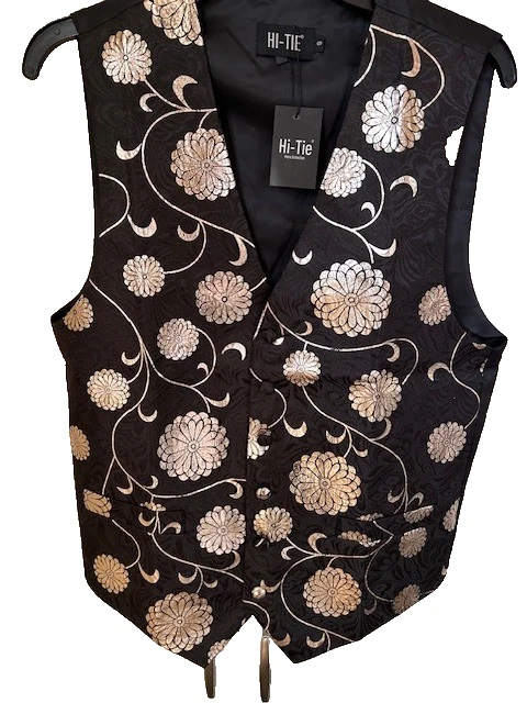 Hi-Tie Silk Vest Floral NWT Waistcoat Black Gold Sz S Formal Wedding Event - Image 1 of 4