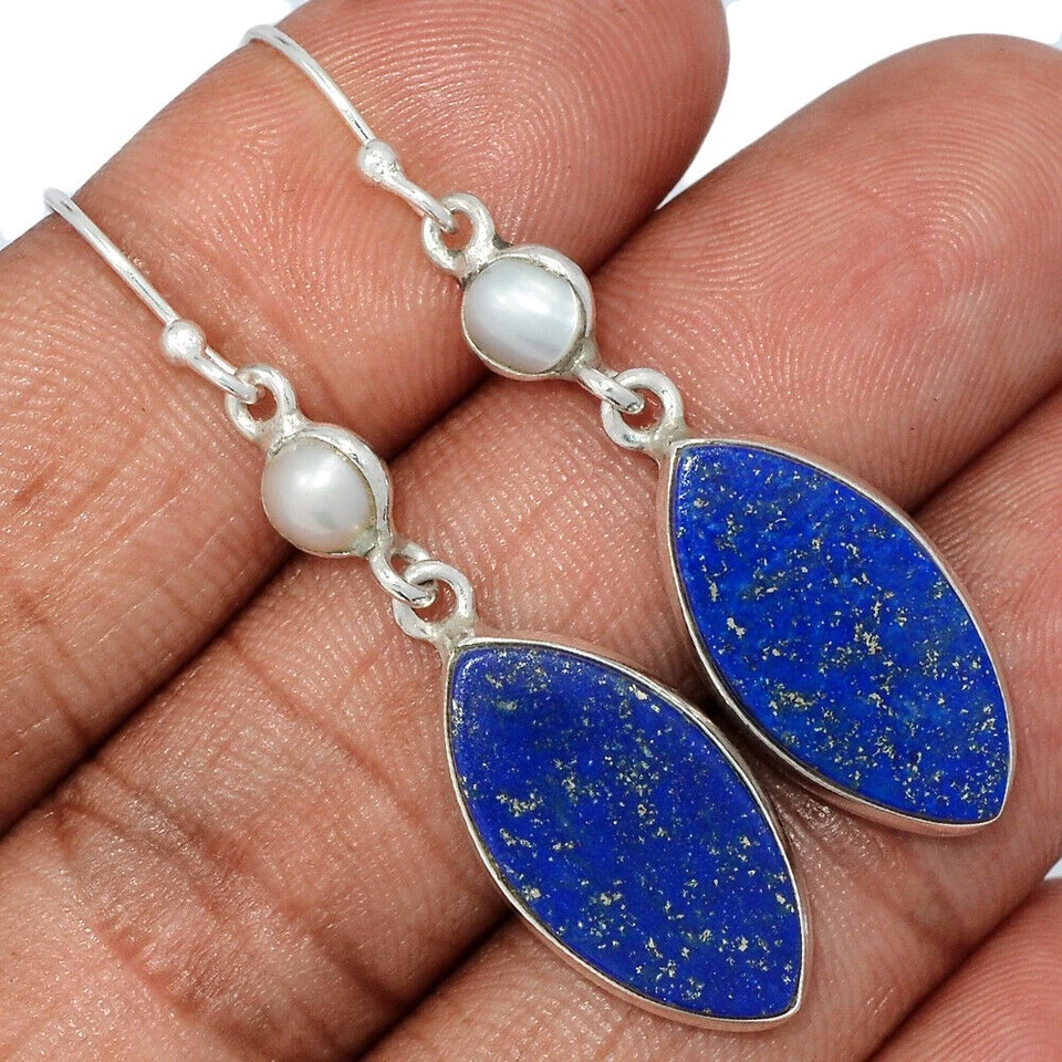 Ювелирные изделия серьги серебро 925 пробы с натуральным лазуритом - Афганистан и жемчугом CE39731 - Изображение 1 из 1