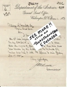 Membrete J.A. 1879 Departamento del Comisionado Williamson Washington DC del interior - Imagen 1 de 1