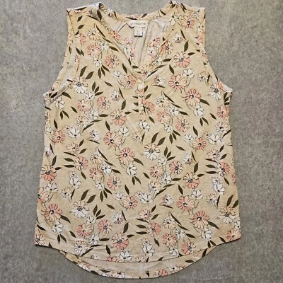 Liz claiborne Tank Top Womens L Pink Peach Flower V Neck Buttons High Low 147 - Image 1 of 4