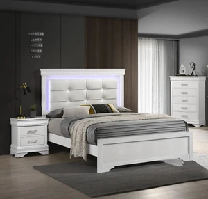 3pc Modern LED Light Twin Size Panel Upholstery Bed Chest Nightstand Set White - Picture 1 of 9