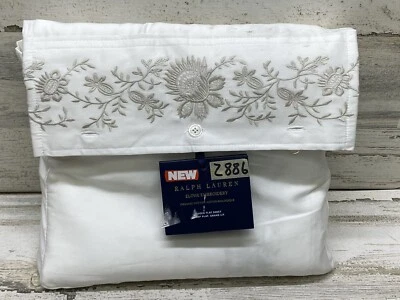Sábana plana Ralph Lauren Eloise bordada algodón orgánico REINA blanca/platino Foto 1 de 4