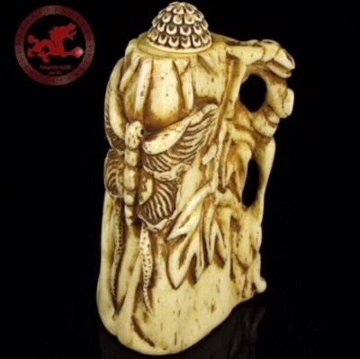 Antigua botella de tabaco china, botella de tabaco de hueso tallada a mano mariposa Foto 1 de 4