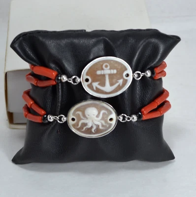 BRACCIALE  ARGENTO 925 CORALLO CAMMEI E SPINELLI NERI REGOLABILE       AGRP 079 - Immagine 1 di 4