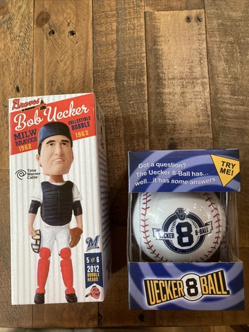 Bob Uecker Magic 8 Ball 2017 & SGA Bobble Head 2012 Milwaukee Brewers Braves Cover