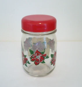 Vintage Glass Christmas Poinsettia Jar with Red Plastic Lid - Picture 1 of 8