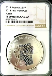 NGC PF69UC Argentina 2018 FIFA World Cup Russia Silver 5 Pesos Almost Perfect PF - Picture 1 of 1